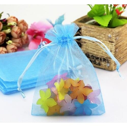 100pcs/lot 7x9cm Light Blue Jewelry Bags Packing Drawable Organza Bags Wedding Gift Bags Sachet Organza