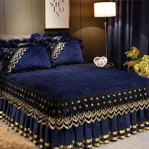 25 quilted lace bed cover European style 1/3pcs crystal velvet bedspreads warm mattress cover skirted anti-skid bed cover solid