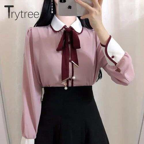 Trytree Spring Autumn Blouse Women Casual Pearl Pendant Bow Tie Peter Pan Collar Single Breasted Office Lady Solid Shirts Tops