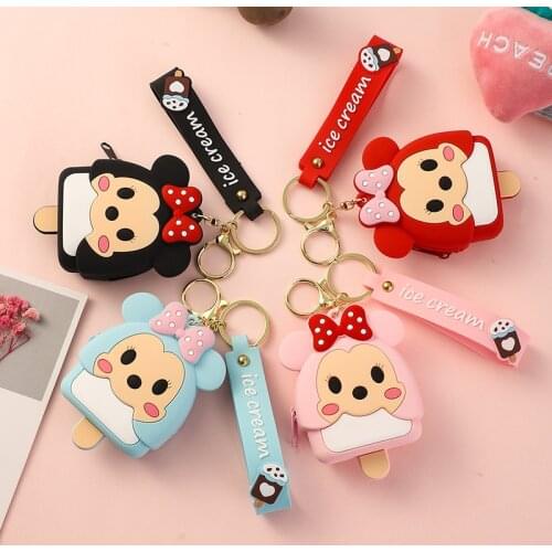 Disney Cartoon Keychains Cute Animal Minnie Silicone Portable Zip Coin Purse Key Chain Girls Key Card Wallet Storage Bag