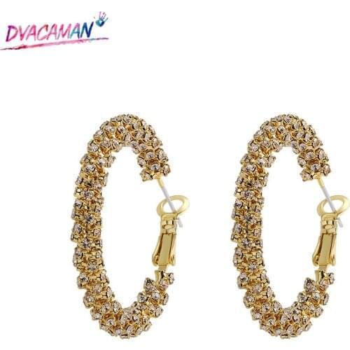Dvacaman Hyperbole Glass Stones Big Geometric Hoop Huggie Earrings for Women Gold Color Circle Copper Statement Earrings Jewelry