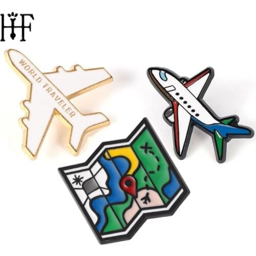Cartoon Google Maps Enamel Pin Badge On Backpack World Traveler Airplane Brooch Gold-color Metal Brooches Pin Aircraft Jewelry