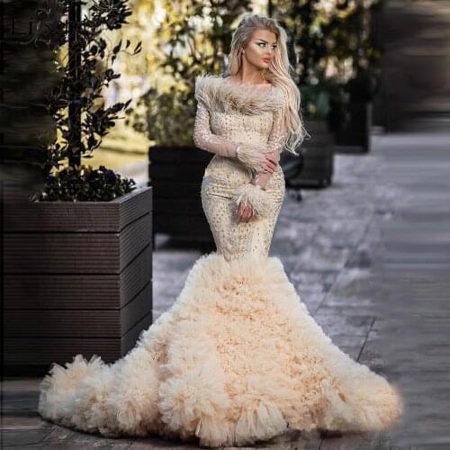 Exquisite Beaded Mermaid Prom Dresses Off the Shoulder Long Sleeves Ruffled Train Formal Evening Dress Feathers Party Night Gown