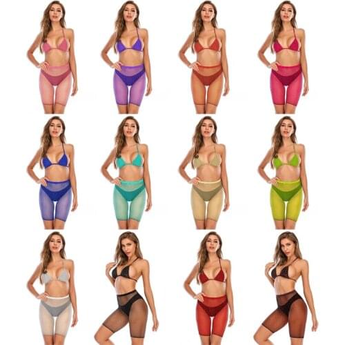 Womens shiny Glitter Rhinestone Fishnet Bikini Set Beachwear Halter Bra Shorts Lingerie Swimsuit beach bathing suits set