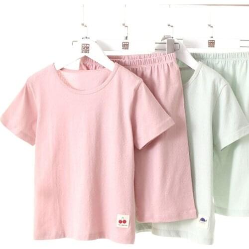 2021 Children Clothing Sets Girls Cartoon Cherry Pyjamas New Boy Breathable Cotton Solid Color Sleepwear Baby Short Sleeve Suits