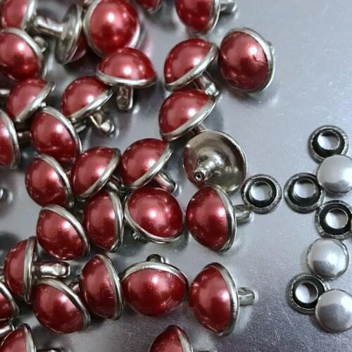 100PCS 10MM Round Silver Acrylic Red Pearl Rivets Leather Craft Punk Studs Fit DIY Making Belts Shoes Bag Bracelet Shipping Free