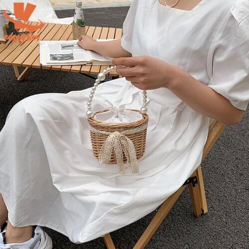 CAREY KEY Beading Chain Small Straw Bag Summer Bohemia Women Rattan Weave Travel Beach Bucket Bag Women Fashion Handbags