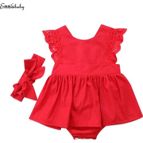 Lovely Newborn Baby Girl Christmas Sleeveless Lace Ruffles Tutu Skirted Romper Jumpsuit Headband 2PCS Outfit Xmas Clothes Red