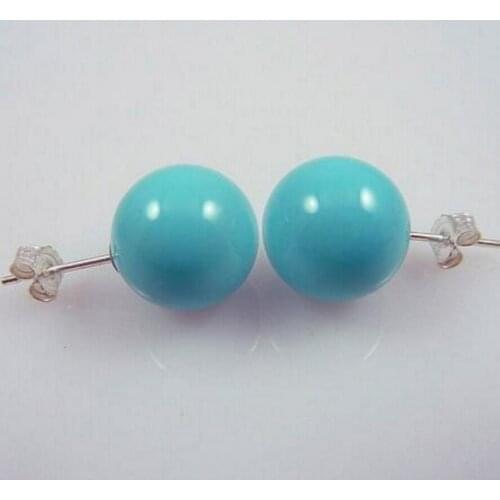 Fashion Jewelry 10MM Turquoise Blue South Sea Shell Pearl Sterling Silve Earrings AAA