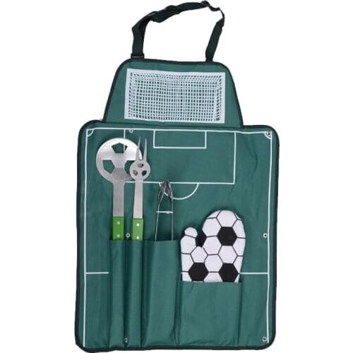 5pcs Football BBQ Grill Tools Set Apron+Stainless Steel Forks Spoon+Glove Tongs barbecue Accessories BBQ Cooking Tool Set