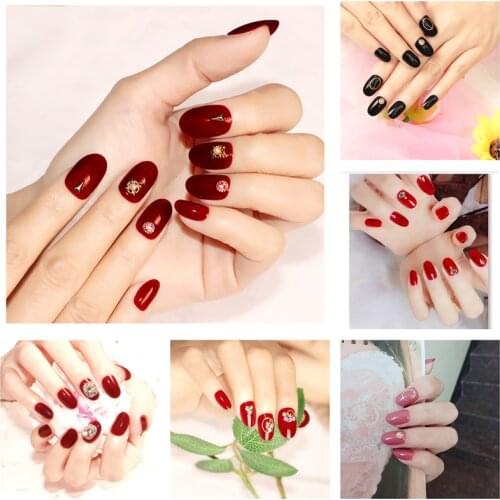 24pcs/box Red Pink Ballet False Nails Artificial Diamond Decoration Press On Fake Nails Sexy Nail Design Women Wearing Manicure