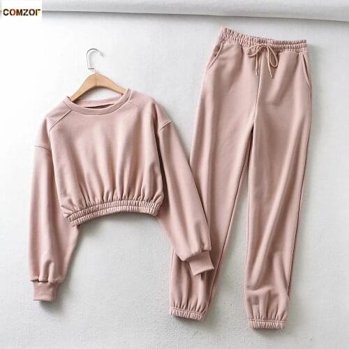 Autumn Winter Women Short Hoodies+Sweatpants Fleece Suits Long Sleeve Crop Top Lady Casual 2 Piece Sets Ropa Coreana