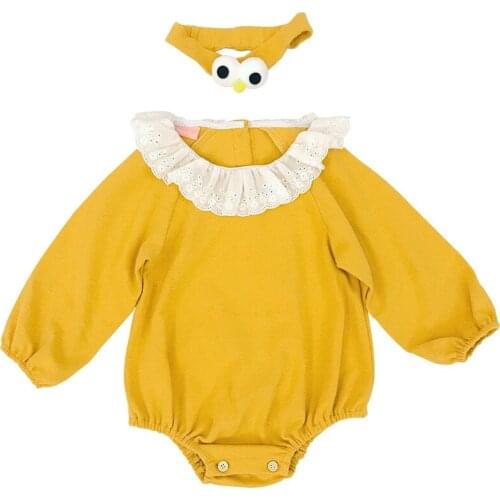 Autumn Infant Girls Toddler Baby Cotton Cartoon Long-Sleeved Romper + Hair Band Jumpsuits Baby Girl Clothes