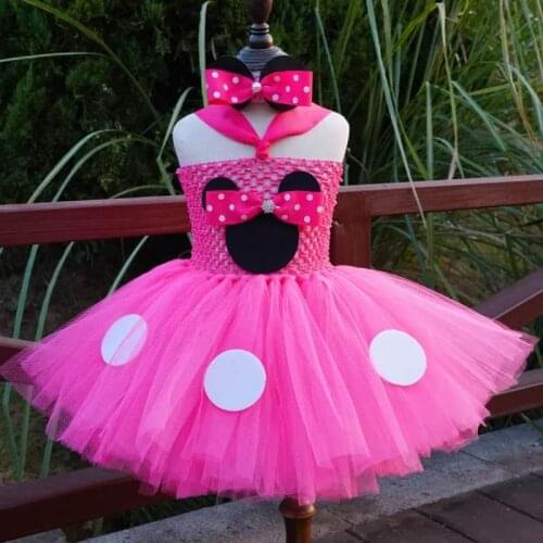 Hot Girls Pink Mickey Tutu Dress Baby Minnie Tulle Dress with Dots and Hairbow Children Birthday Party Costume Cosplay Dresses