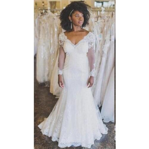 EJUE SHUNG Elegant African Lace Wedding Dresses Long Sleeves V Neck Backless Mermaid Wedding Gowns robe de mariee Custom Made