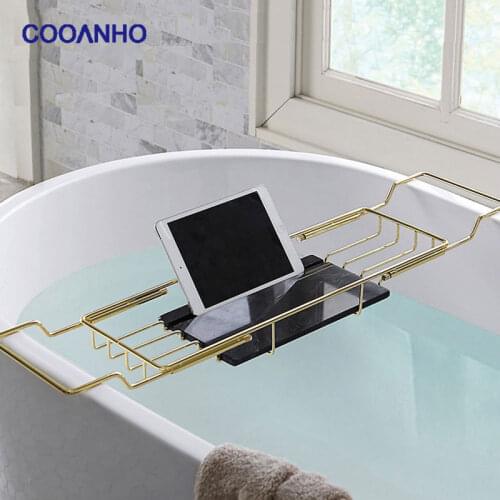 COOANHO Stainless Steel Bath Tray Tray, Extendable Bath Storage Rack, Reading Bath Rack with Books and Wine Rack, Gold