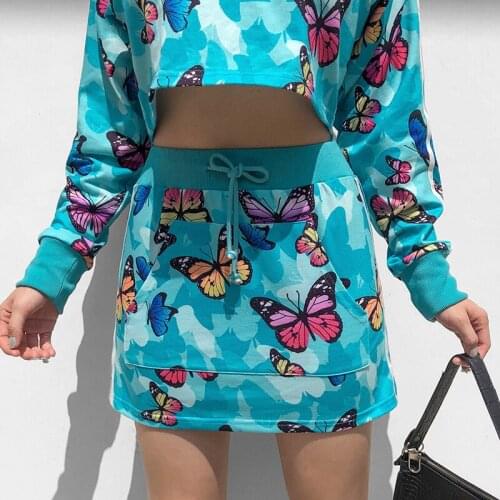 Casual Sports Y2K Harajuku Butterfly Print Womens Suits with skirt Sexy Show waist Crop top With High waist Kawaii Mini skirt