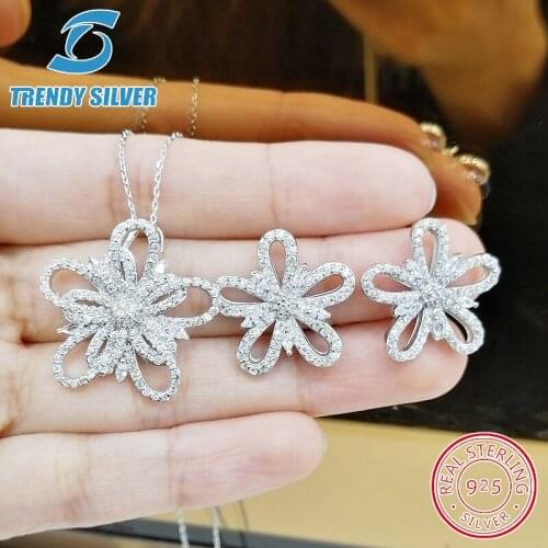 Complete pure 925 sterling silver zirconia clear CZ luxury jewelry set ring earrings for woman pendant necklace trendy design