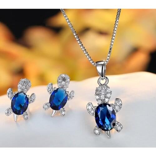 Blue Oval Zircon Turtle Necklace Earrings Vintage Bridal Wedding Jewelry Sets For Women Charm Silver Color Animal Engagement Set