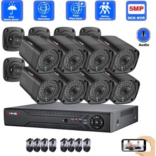 CHHSV Audio AI POE IP Camera Face Detection H.265 8CH 5MP POE NVR Kit CCTV Security System Outdoor Video Surveillance