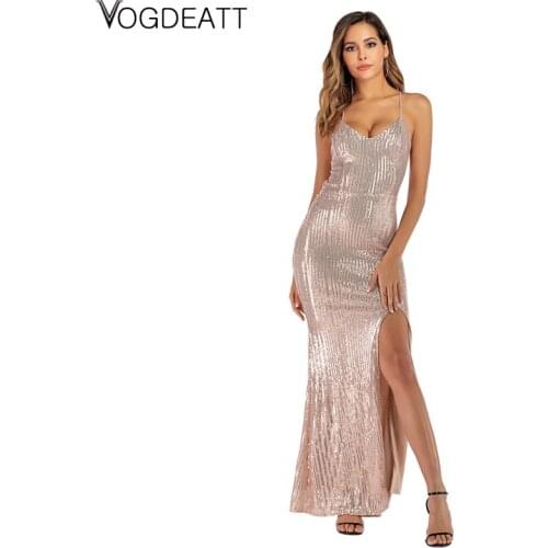 Sexy V-Neck Split Sequined Dress 2020 New Backless Mopping Dress Evening Party Wear Elegant Temperament Vestidos