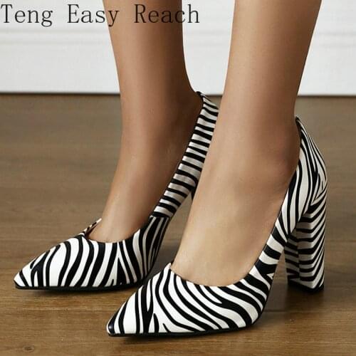 Fashion Zebra Pattern Summer Women Pumps Thick High Heel Slip on Lazy Shoes Female Pointed Toe Party Spring Autumn Pumps 39 40