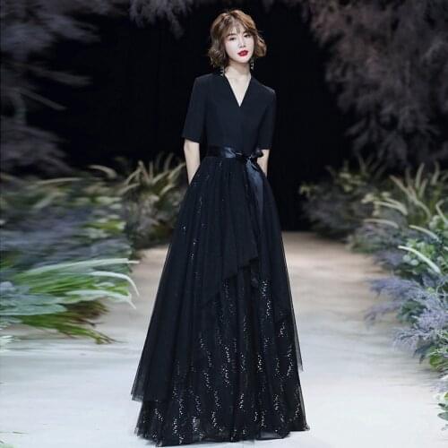 Evening Dress Black V-Neck Half Sleeves A-Line Fashion Sequins Floor-Length Empire Pleat New Tulle Woman Formal Party Gowns A889