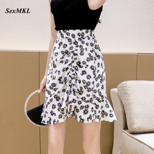 2020 Korean Style Summer Skirts Womens High Waist Casual Floral Printed Chiffon Skirt A-Line Streetwear Ruffles Harajuku Skirt