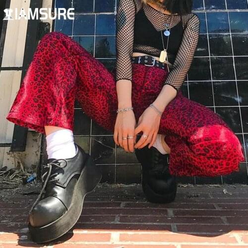 IAMSURE Leopard Print Trousers Women Streetwear Punk Cool Casual Mid-Waisted Pants 2021 Spring Autumn New Fashion Y2K Aesthetic