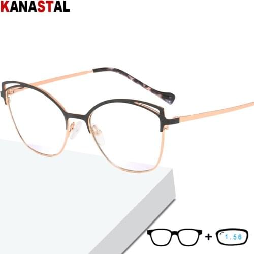 Women Anti Blue Light Blocking Glasses Metal Bicolor Cateye Frame Ladies Prescription Myopia Hyperopia Reading Eyewear 1.56 lens