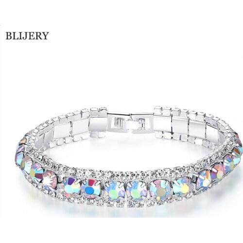 BLIJERY Fashion Silver Plated Austrian Crystal Bracelets for Women Link Chain Jewelry Gift Femme Bangles