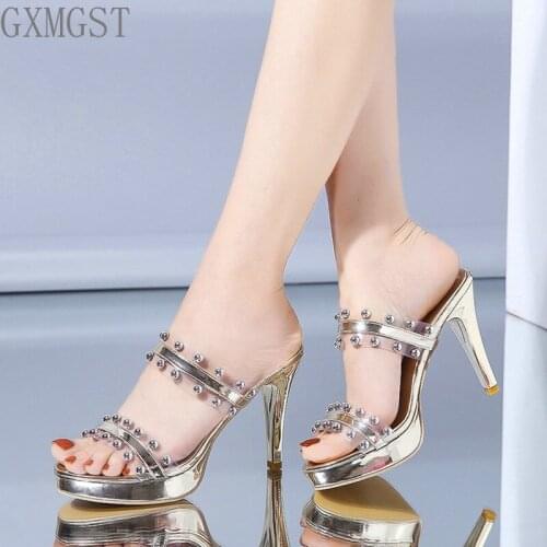 2021 Summer Gold Silver Rivet PVC Slippers Women 10cm Super High Heels Platform Sandals Woman Sexy Wedges Outdoor Slides