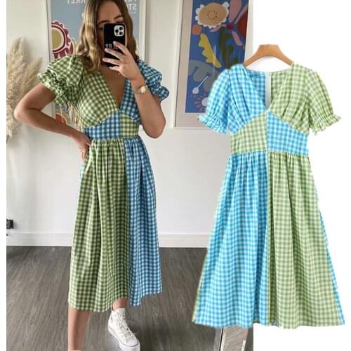 Jenny&Dave Midi Party Dress Indie Folk Elegant Summer Dress Women Vestidos England Fashion Vintage Patchwork Plaid V-neck Sexy