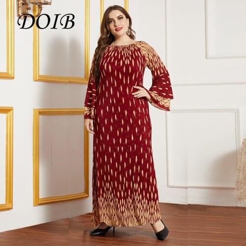 DOIB Red Print Plus Size Dresses Women Flare Long Sleeve Maxi Long Arabian Large Size Dresses Loose Casual Dress
