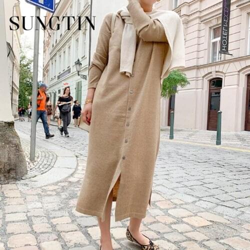 Sungtin Korean Long Sleeve Knitted Dress Black Cardigan Women Oversized Sweater Dress Casual Femme Vestido Spring New Fashion
