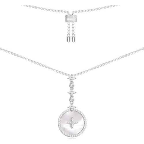 SLJELY 925 Sterling Silver Cubic Zirconia Star Art Round Badge Pendant Necklace with Mother of Pearl Women Luxury Brand Jewelry