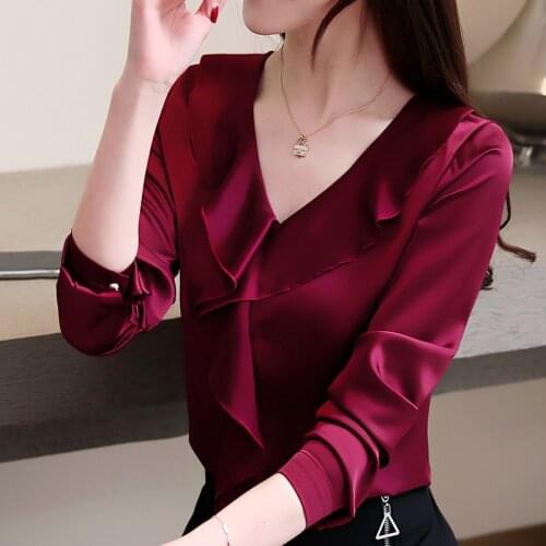 Women 2021 Spring New Slim Long Sleeve Blouses & Shirt Feminine Silk Simulated Tops & Shirt Plus Size 3XL