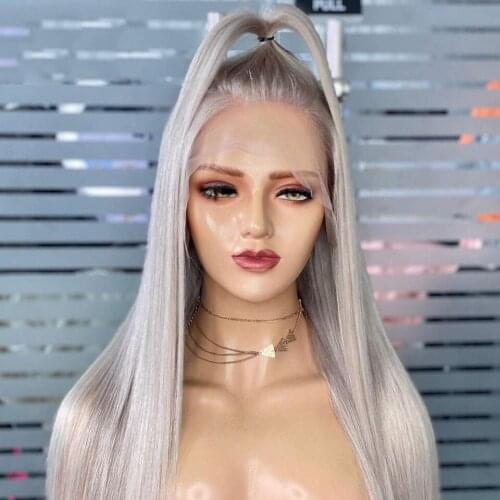 26 Inch Ash Gray Blonde Silk Straight Lace Front Wig For Women Human Remy Hair With Baby Hair Preplucked Brazilian Can Dye Perm