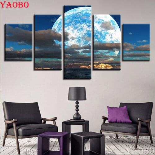 5D Cross Stitch Diamond Painting 5 Pieces Moon Clouds Sea Landscape Diamond Embroidery Full Square Round DIY Diamond Mosaic sale