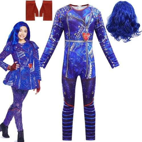 Halloween Costume for Kids Anilnc Descendants 3 Evie Girls Cosplay Costumes with Wig + Gloves Children Carnival Party Jumpsuits