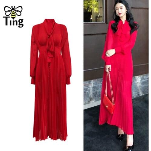 Tingfly Designer Fashion Red Color Bowknot Collar Long Sleeve Party Dinner Dresses Sexy Front Split Pleated Long Dress Robes SP