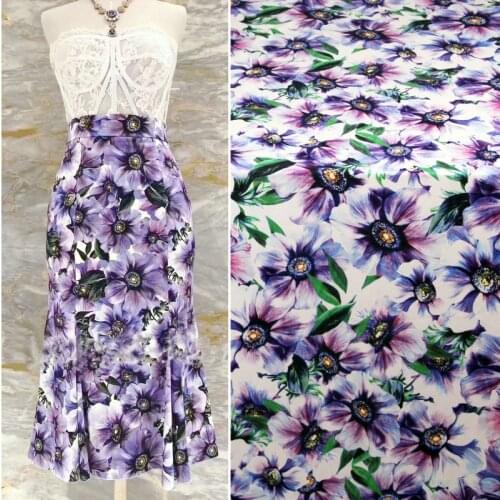 Purple flowers printed polyester elastic soft stretch satin fabric for women dress sewing DIY cloth imitate silk tissus au metre