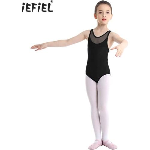IEFiEL Kids Girls Sleeveless Ballet Costume Dress Mesh Splice Criss-cross Cutout Back Ballet Dance Gymnastics Leotard Jumpsuit