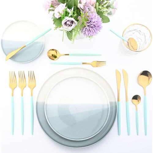 JANKNG 24pcs Gold Dinnerware Set Stainless Steel Silverware Tableware Set Knife Fork Spoon Luxury Cutlery Set Dinner Flatware