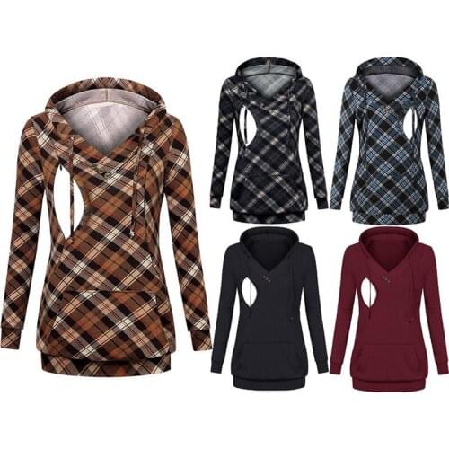 Plaid Breastfeeding Hooded Shirt Print Maternity Women-blouses V-neck Pregnant Top for Premama Spring T-shirt Plus Size NEW 2021