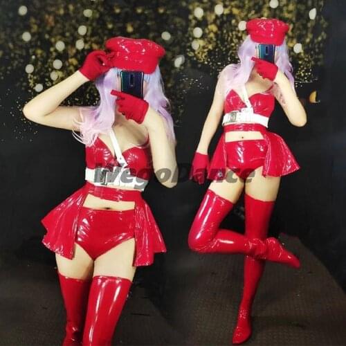 Women Red Patent Leather Stage Bikini Set Nightclub Bar Model Catwalk DJ Performance Dance Wear