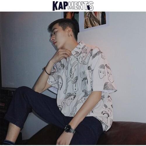KAPMENTS Men Face Black Harajuku Korean Fashion Shirts 2021 Summer Mens Vintage Japanese Streetwear Shirts Male Oversized Shirts