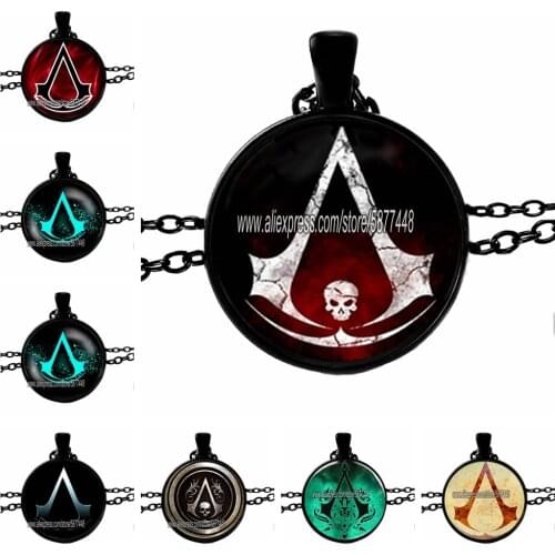 Punk Action Game Sign Necklace Assassin Icon Gothic Black Chain Necklace Personality Glass Dome Pendant Fashion Men Game Jewelry