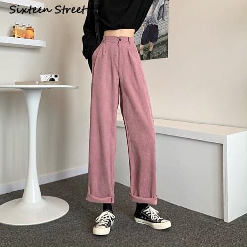 Straight Corduroy Pants Spring Autumn Vintage Female High Waist Loose Casual Femme Pink Korean Wide Leg Fashion Y2K NEW 2020