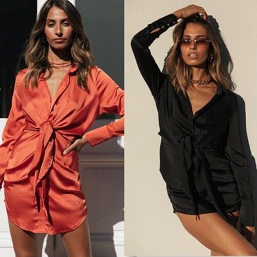 Donsignet Fashion New Bandage Turn-down Collar Solid Knitted Casual Shirts Women Long Sleeve Shirt Women